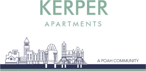 an illustration of a city with a green background and the words keeper apartments