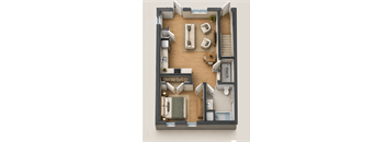 A top-down view of a small apartment layout with a kitchen, living room, and bathroom.