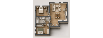 A 3D layout of a house with various rooms and furniture.