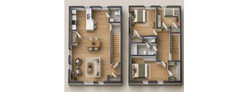 Two floor plans of a house with a living room, kitchen, and bathroom.