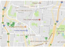 a map of a city with green dots on it