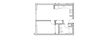 A black and white floor plan of a house with a kitchen, living room, and bathroom.