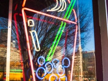 a window with a bunch of scissors in it