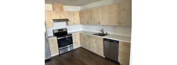 A kitchen with wooden cabinets and a stainless steel dishwasher.