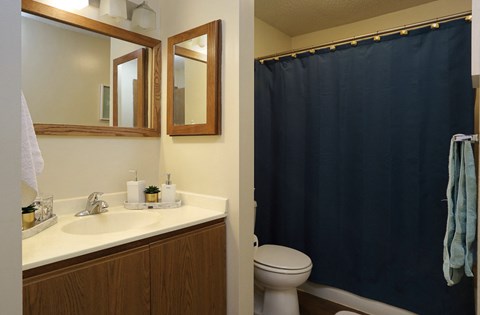 Spacious bathroom with honey brown toned cabinets and white countertops at Claremont Apartments in Minnetonka Minnesota.