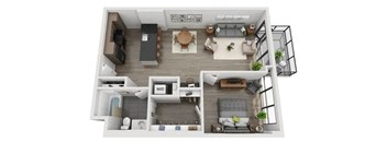 A top-down view of a modern apartment with a kitchen, living room, and bedroom.
