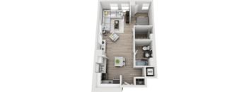 A top-down view of a modern apartment layout with a living room, kitchen, and bedrooms.