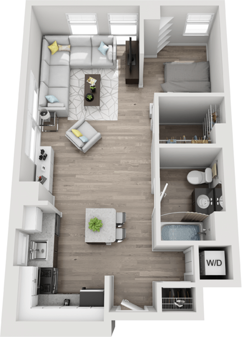 A top-down view of a modern apartment layout with a living room, kitchen, and bedrooms.