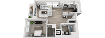 A top-down view of a small apartment with a bedroom, living room, kitchen, and bathroom.