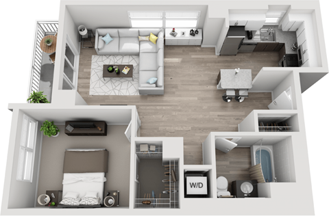 A top-down view of a small apartment with a bedroom, living room, kitchen, and bathroom.