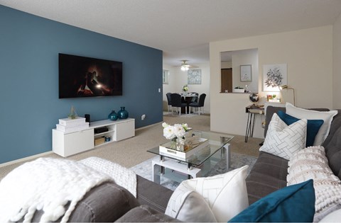 Apartments with spacious floor plans, 9-foot ceilings, and colored feature wall at Claremont Apartments in Minnetonka Minnesota.