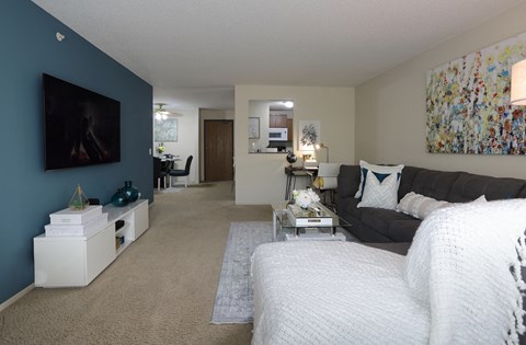 Apartments with spacious floor plans, 9-foot ceilings, and colored feature wall at Claremont Apartments in Minnetonka Minnesota.