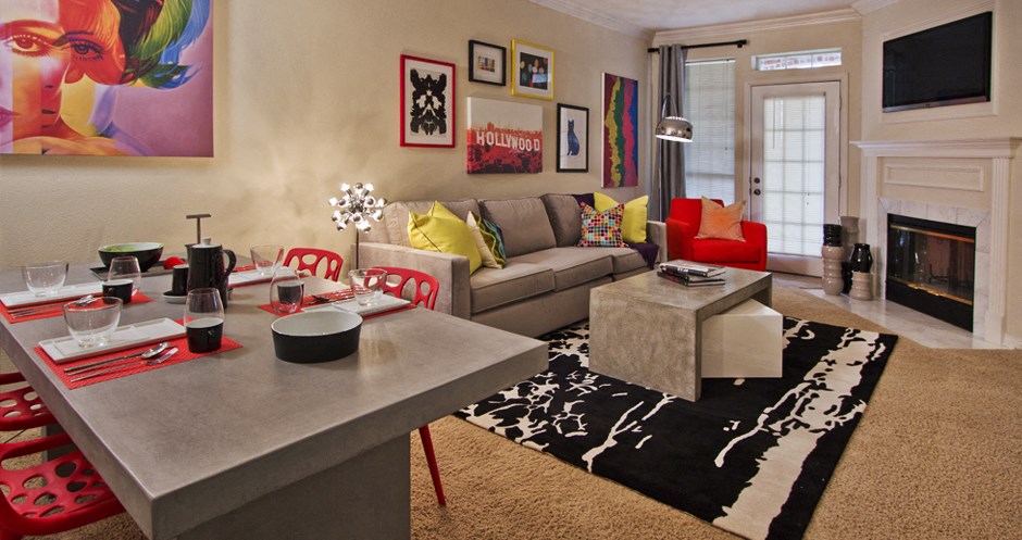 Spacious luxury apartments with woodburning fireplace, French door, and oversized windows at The Biltmore Apartments in Omaha, Nebraska