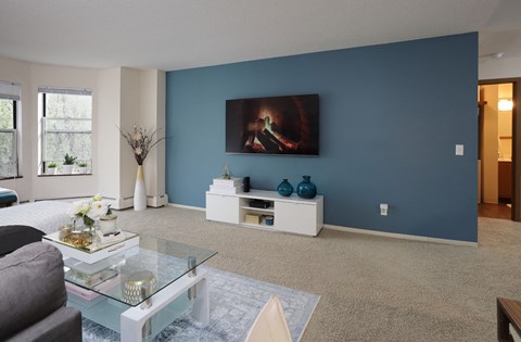 Apartments with spacious floor plans, 9-foot ceilings, oversized windows with scenic views and colored feature wall at Claremont Apartments in Minnetonka Minnesota.