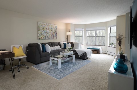 Apartments with spacious floor plans, 9-foot ceilings, oversized windows with scenic views and colored feature wall at Claremont Apartments in Minnetonka Minnesota.