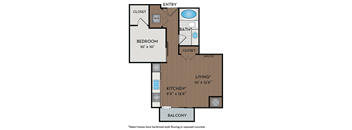 A floor plan of a home with a bedroom, bathroom, living room, kitchen, and balcony.