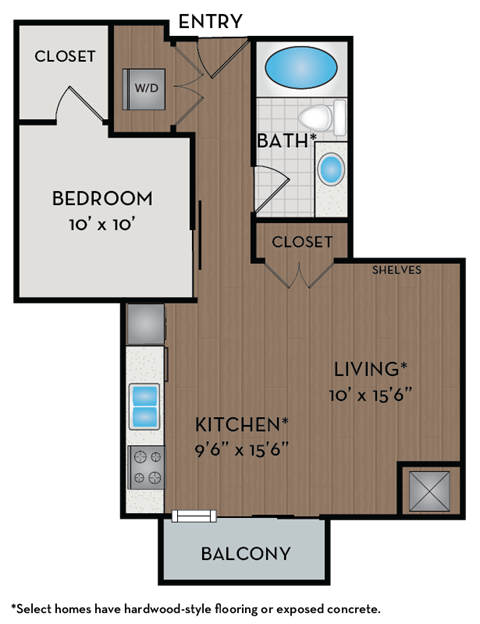 A floor plan of a home with a bedroom, bathroom, living room, kitchen, and balcony.