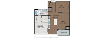A floor plan of a home with a den, bathroom, kitchen, living room, bedroom and balcony.