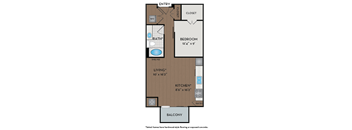 A drawing of a floor plan for a home with a living room, kitchen, bedroom, and bathroom.