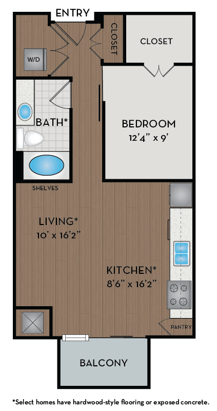 A drawing of a floor plan for a home with a living room, kitchen, bedroom, and bathroom.