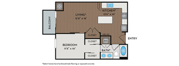 A floor plan of a small apartment with a living room, kitchen, bedroom, and bathroom.
