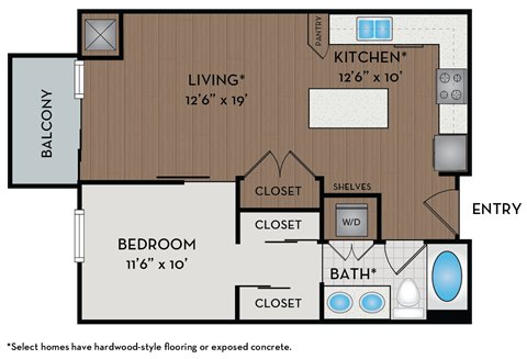A floor plan of a small apartment with a living room, kitchen, bedroom, and bathroom.