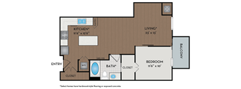 A floor plan of a small apartment with a kitchen, bathroom, and bedroom.