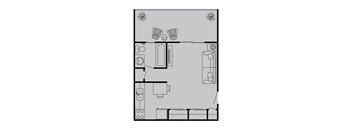 A floor plan of a small apartment with a kitchen, living room, and bathroom.