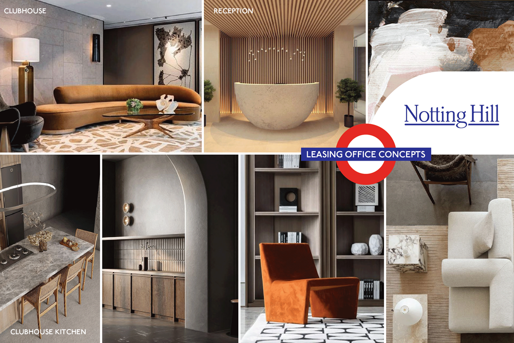 A collage of images showcasing various interior design concepts for a clubhouse, reception, and kitchen.