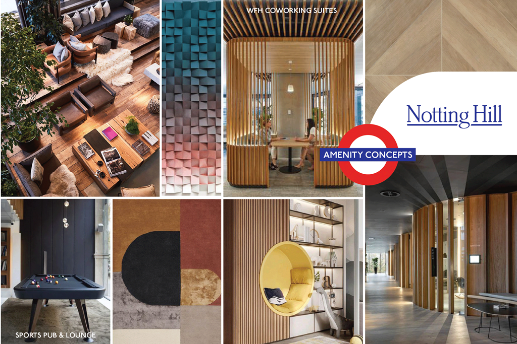 A series of images showcasing various interior designs and a sports pub.