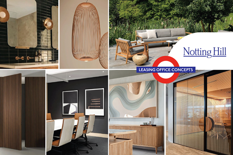 A series of images showcasing various office spaces and furniture designs.