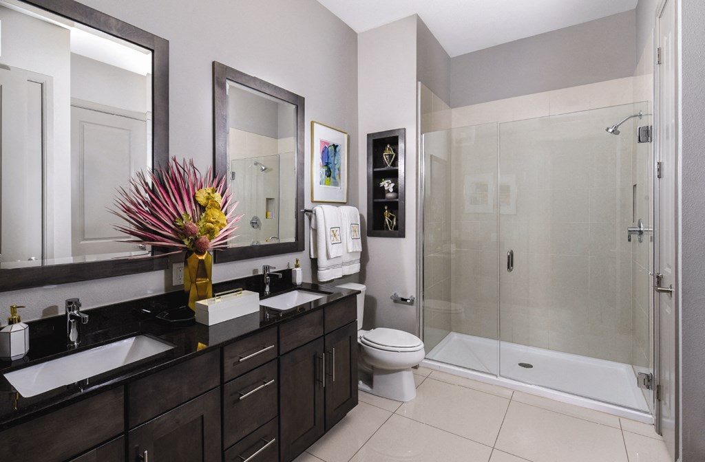 Luxury bathroom with granite countertops, double sink vanity, glass shower and built-in shelves at Xenia Apartments in Golden Valley, Minnesota