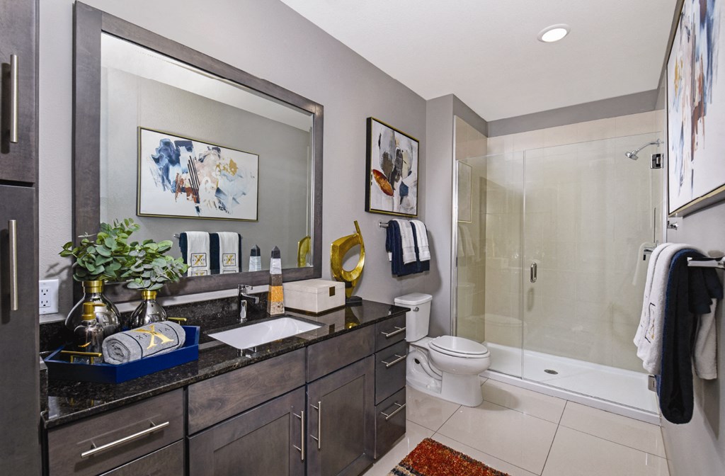 Luxury bathroom with granite countertops, glass shower and linen closet at Xenia Apartments in Golden Valley, Minnesota