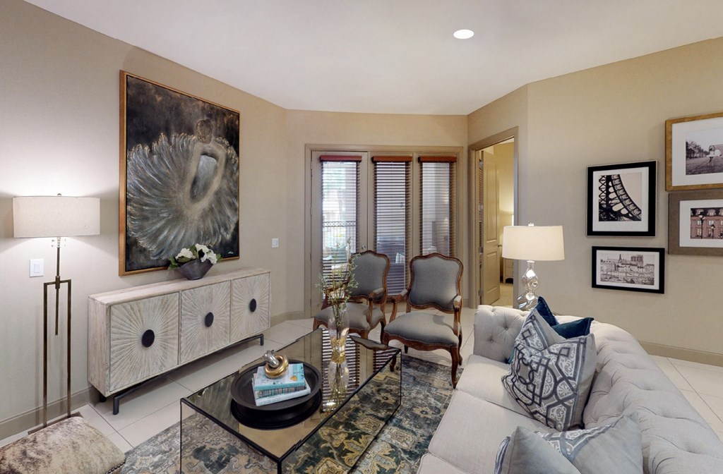 Luxury apartments with spacious living room and 10-foot ceiling at Tuscany Walk Apartments in Houston Texas.