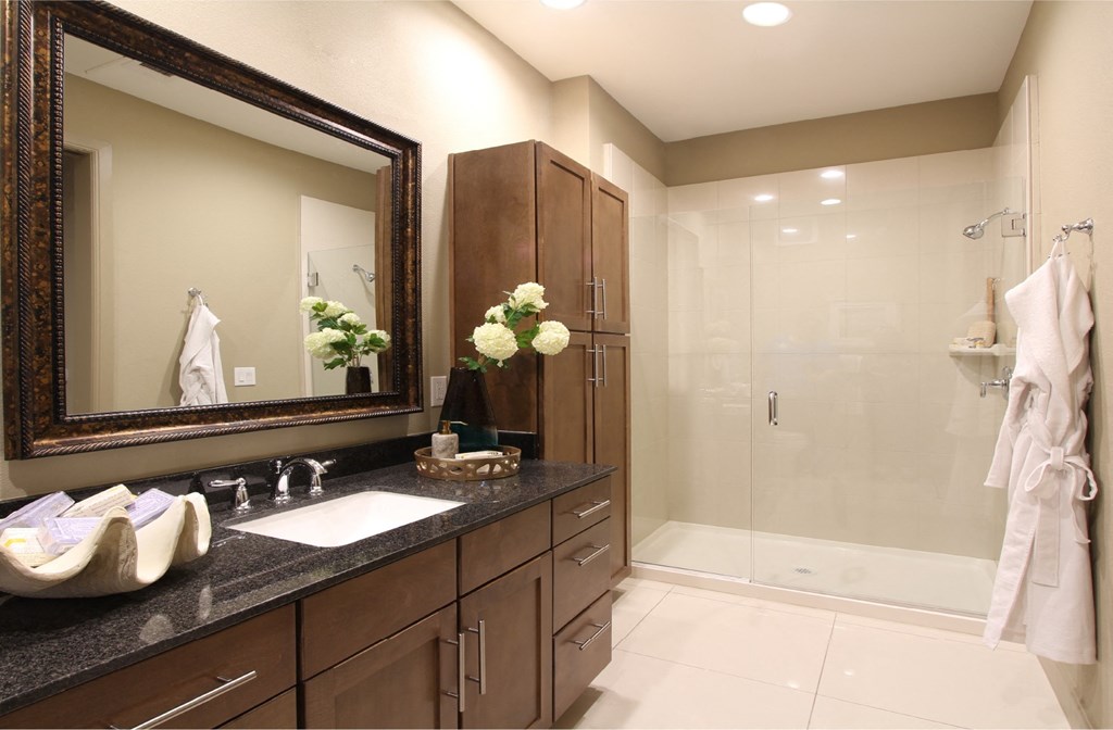 Spacious bathroom with built-in shelves, frameless glass walk-in shower, and granite slab vanity top Tuscany Walk Apartments in Houston.