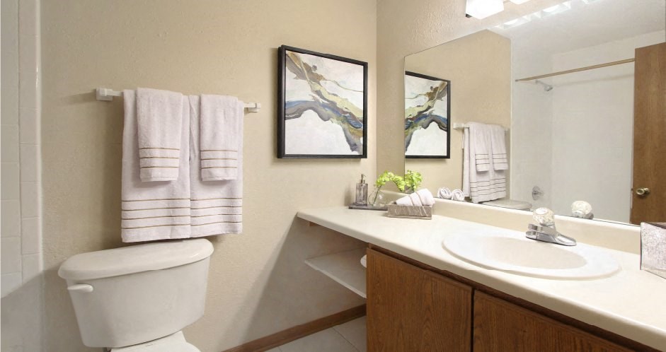 Master bathroom with extra storage space, built-in shelves, tile floors and tile showers at LionsGate Apartments
