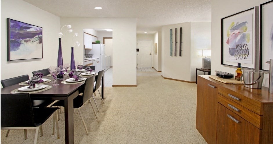 Spacious dining room, spacious kitchen with lots of cabinet space, lots of counter space at LionsGate Apartments on Vine Street in Lincoln, Nebraska