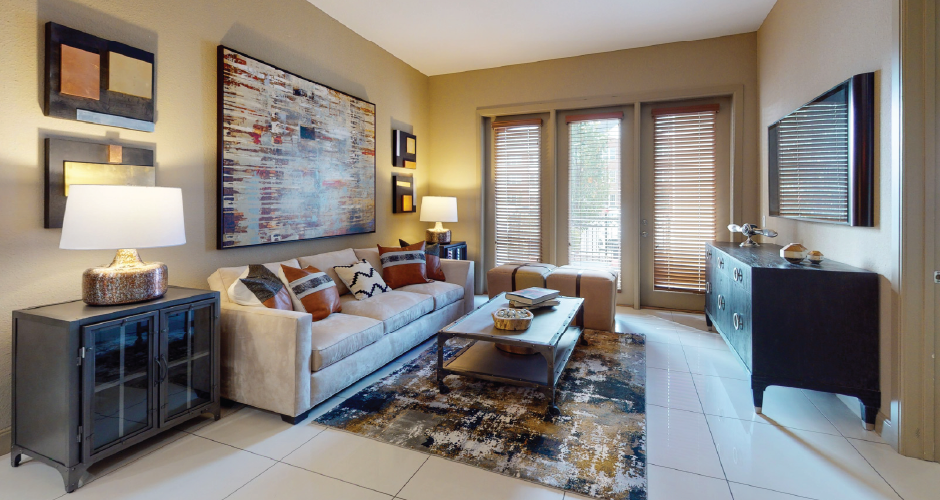 Luxury apartments with spacious open floor plan, porcelain tile floors, and oversized windows at Bellemeade Apartments in west Des Moines