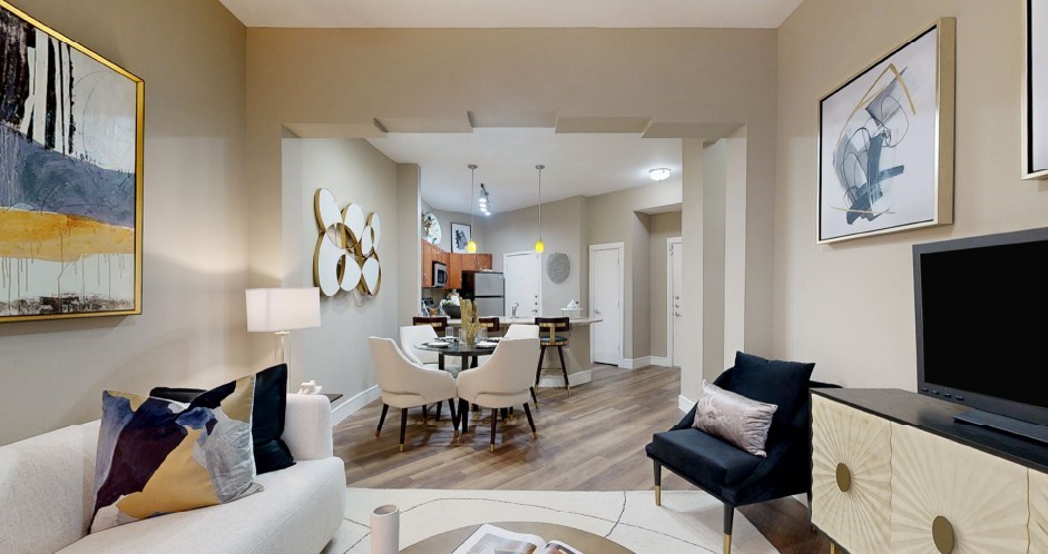 Luxury apartments with cream colored walls, wood style flooring, spacious apartments in Irving texas