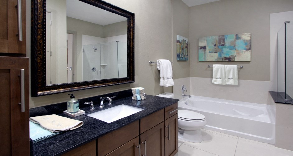 Luxury bathroom with oval soaking tub, glass shower, granite countertops and linen closet at Bellemeade Apartments in west Des Moines