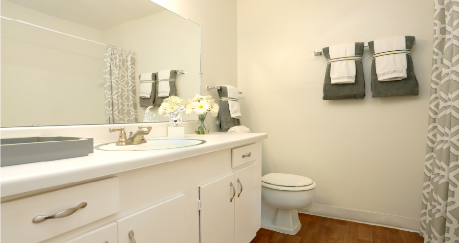 Spacious bright white bathroom with extra cabinet space at Plantation apartments near the Galleria in Houston.