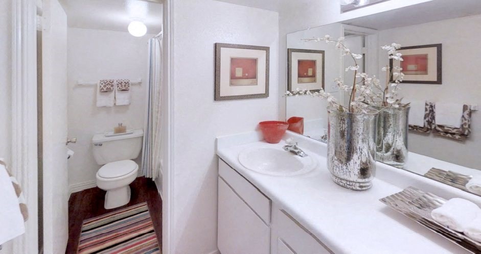 Spacious bright white bathroom at Woodlake Oaks Apartments in Houston