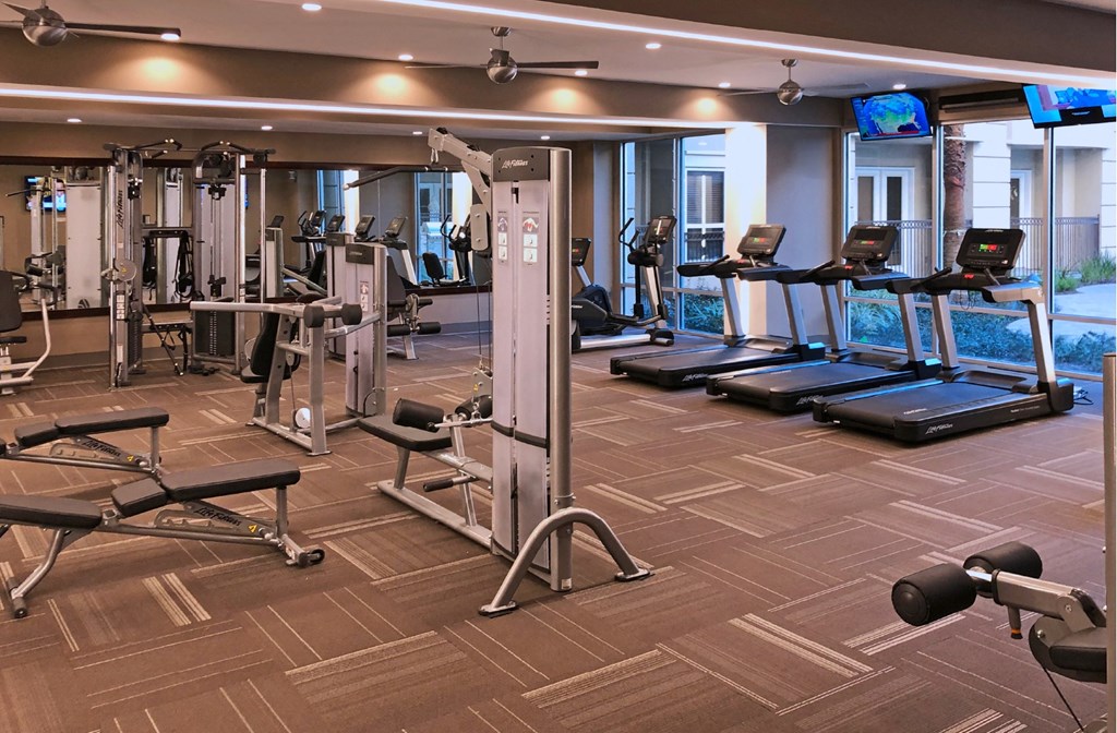 Luxury apartments with huge fitness center with multiple varieties of workout machines and equipment at Tuscany Walk Apartments in Houston Texas.