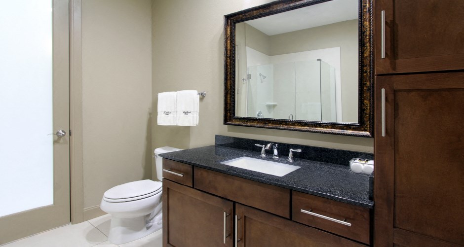 Luxury bathroom with oval soaking tub, glass shower, granite countertops and linen closet at Bellemeade Apartments in west Des Moines