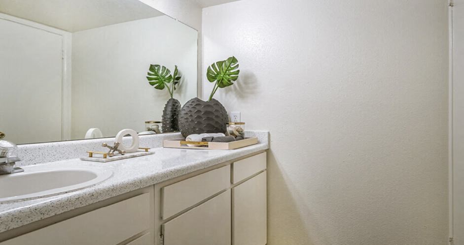 Spacious bright white bathroom with extra counter space at Woodlake Oaks Apartments in Houston