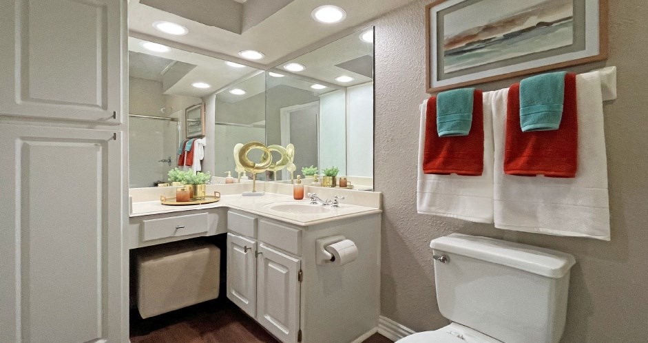Luxury apartments with wood grain plank floors, extra cabinet space, white cabinets, built-in vanity, and glass shower at Lenox Village Apartments in Lincoln, NE