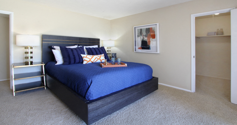 Spacious bedroom with walk-in closet, access to balcony and lots of natural light at Alpine Village Apartments in La Vista, Nebraska