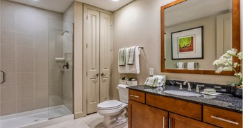 Luxury bathroom with granite countertops, glass shower and linen closet at Villa Piana Apartments in Dallas - Photo Gallery 31