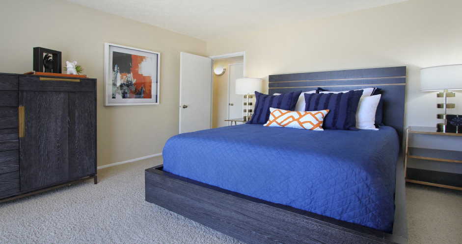 Spacious bedroom with walk-in closet, access to balcony and lots of natural light at Alpine Village Apartments in La Vista, Nebraska