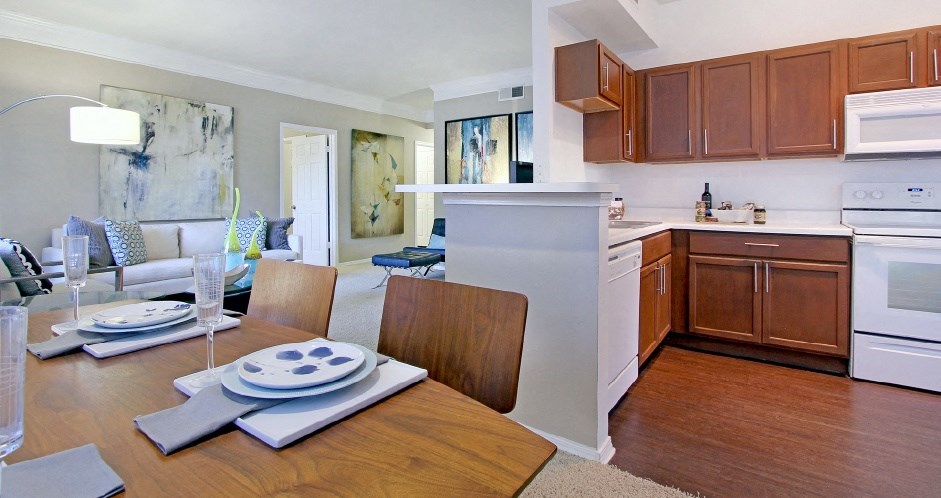 Spacious floor plans with 9-foot ceilings, designer white appliances, plank wood floors at Village on the Parkway Apartments